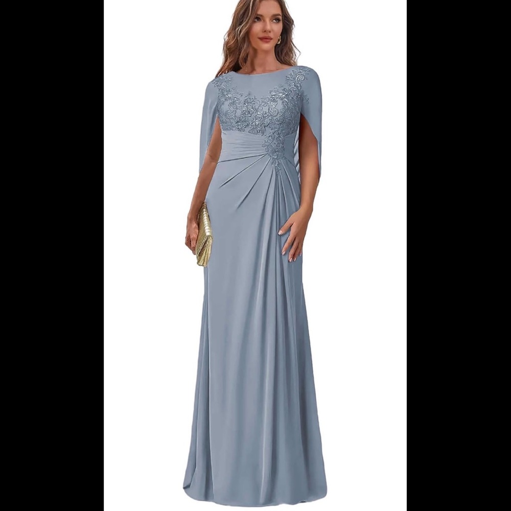 NEW WITH TAGS Elegant Light Blue Embroidered Cape Sleeve Evening Gown